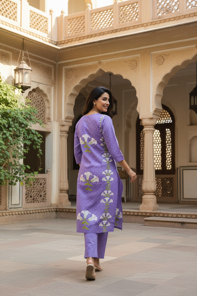 Women's Lavender Lily Bloom Kurta Co-ord Set with Dupatta