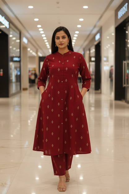Women Rusted Maroon Kurta With Trouser
