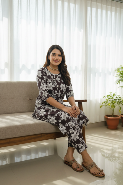 Women's Brown Floral Print Straight Kurta Pant Co-ord Set
