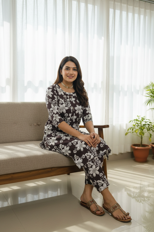 Women's Brown Floral Print Straight Kurta Pant Co-ord Set