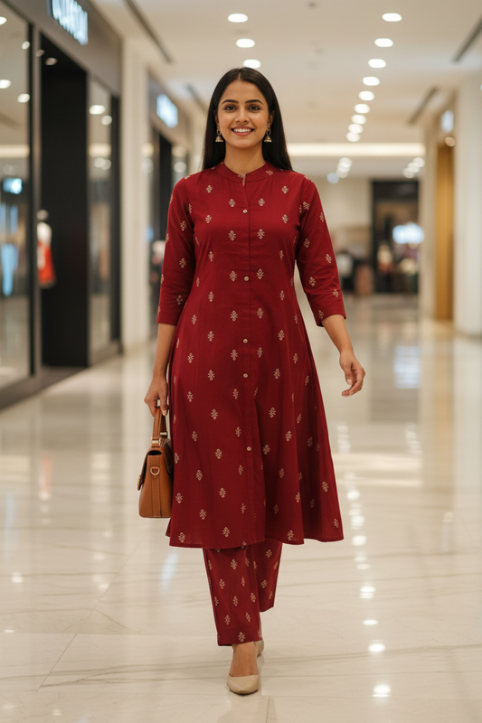 Women Rusted Maroon Kurta With Trouser
