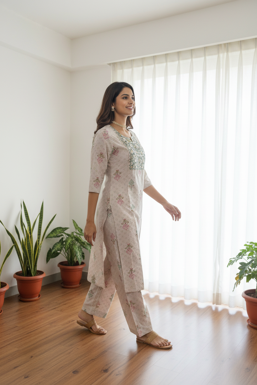 Women's Chikoo Printed Kurta Set with Embroidered Yoke
