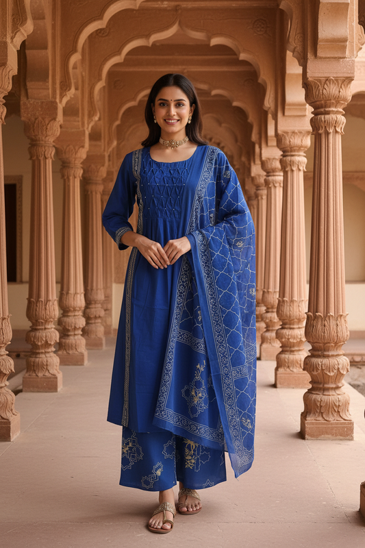Women's Neel Bahar Royal Blue Kurta Palazzo Set with Printed Dupatta