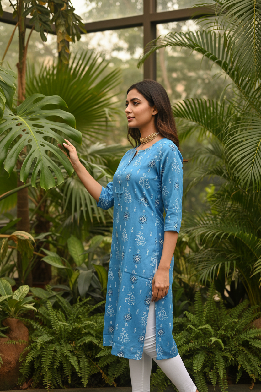 Women's SkyBlue Floral Block Print Straight Kurta