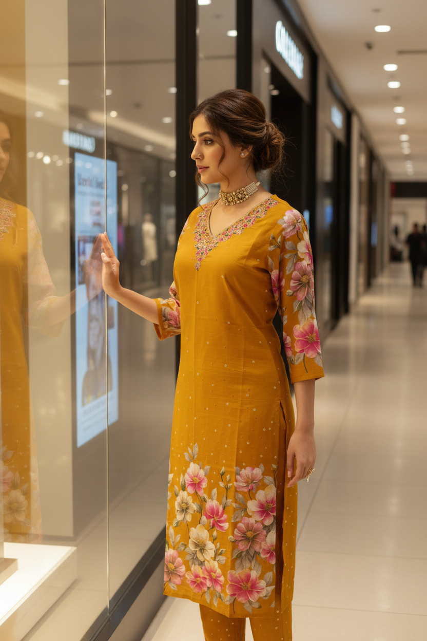 Women's Yellow Floral Print Kurta Co-ord Set with Floral Organza Dupatta