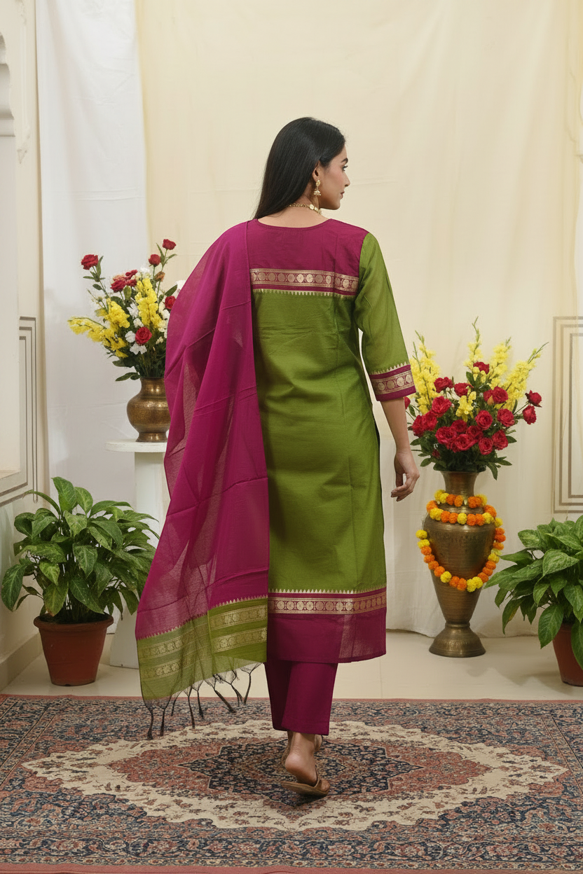 Women's Mehndi Green & Magenta Pure Cotton Kurta Set with Zari Border