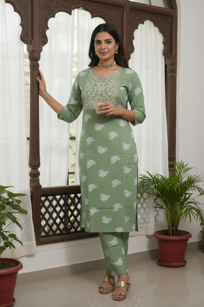 Women's Green Paisley Print Kurta Co-ord Set with Embroidered Yoke