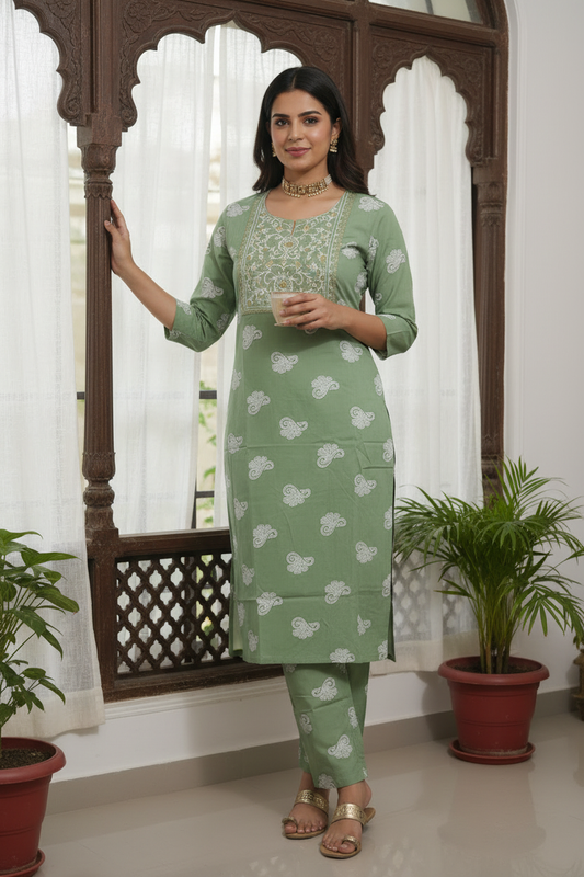 Women's Green Paisley Print Kurta Co-ord Set with Embroidered Yoke