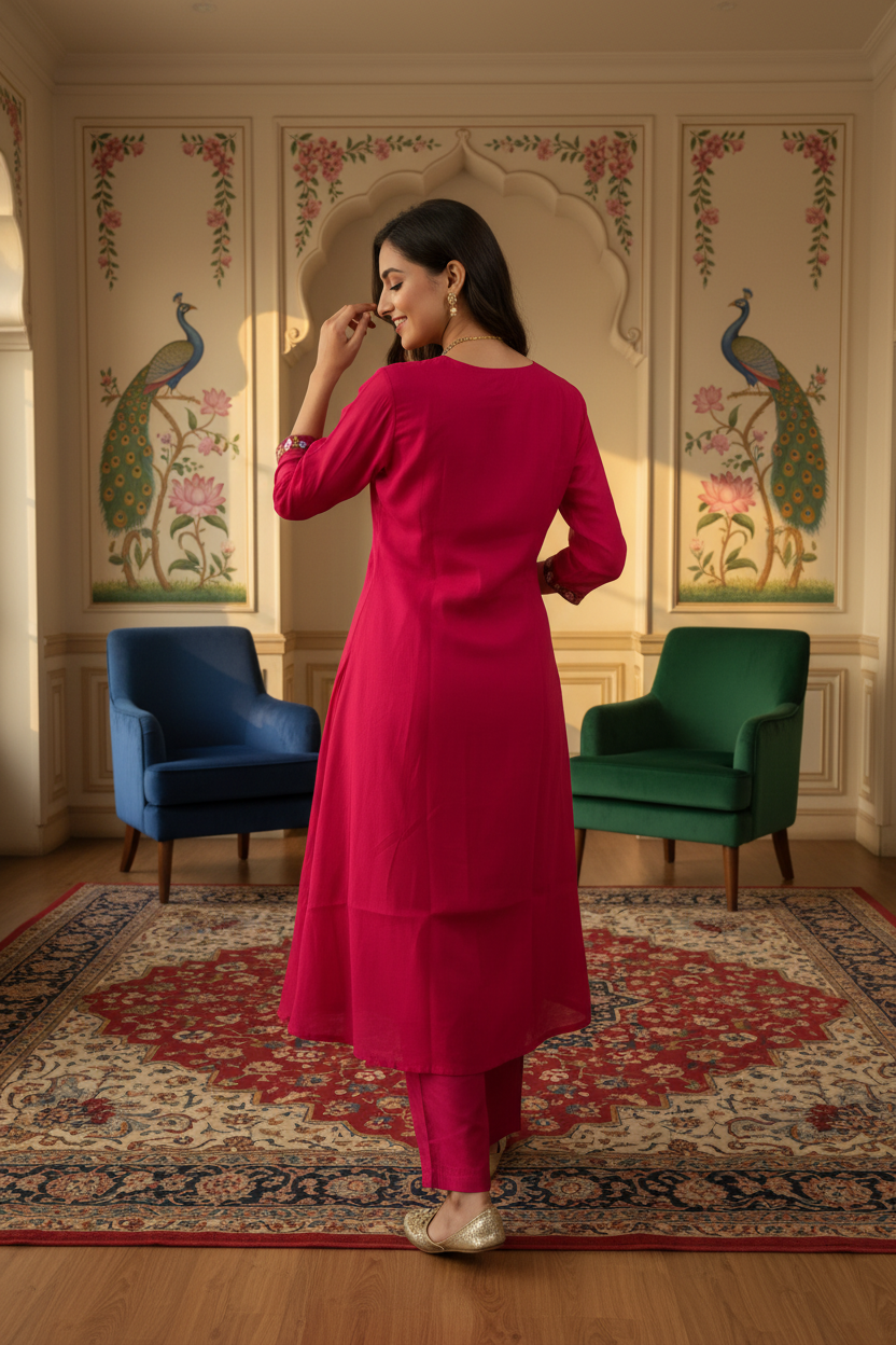 Women's V-Neck Flared Kurta Set with Floral Yoke Embroidery