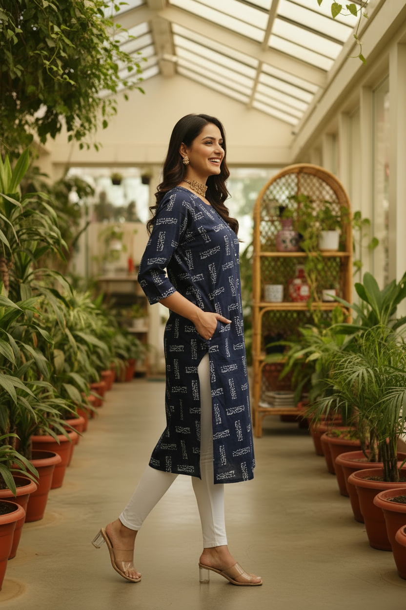 Women's Navy Blue Abstract Block Print Straight Kurta