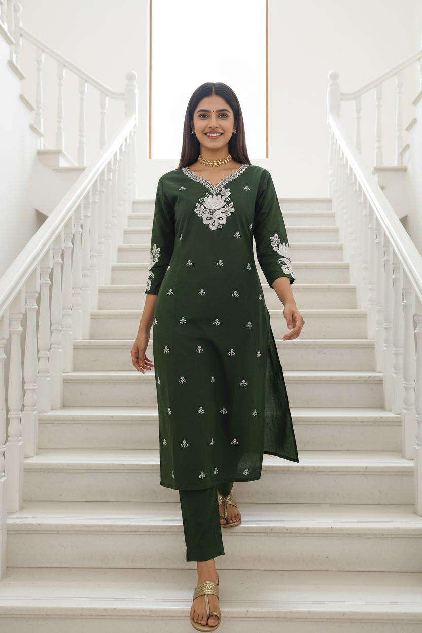 Women's Green Lotus Embroidered Kurta Pant Set with Zari Dupatta