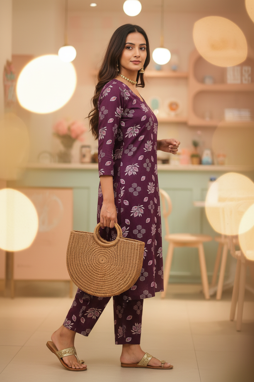 Women Deep Plum Floral Block Print Kurta Pant Set