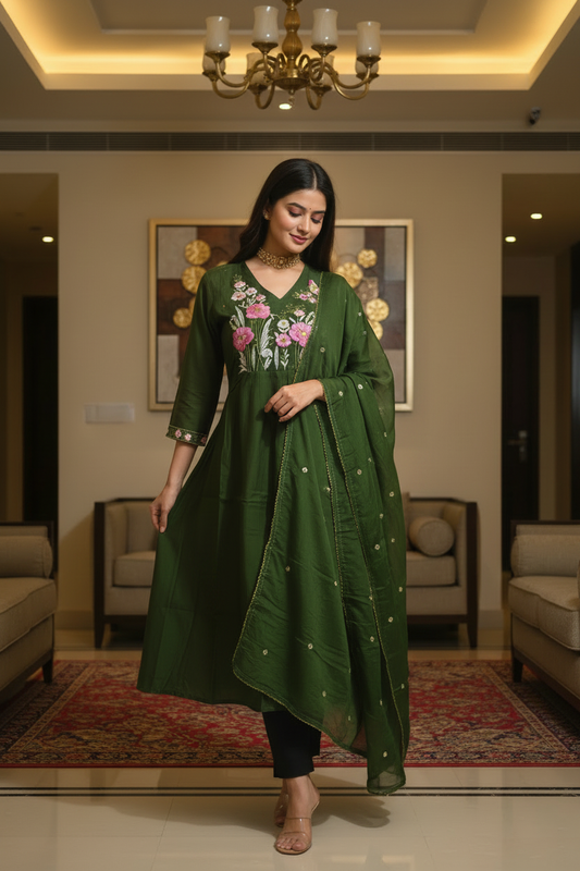 Women's V-Neck Flared Kurta Set with Floral Yoke Embroidery