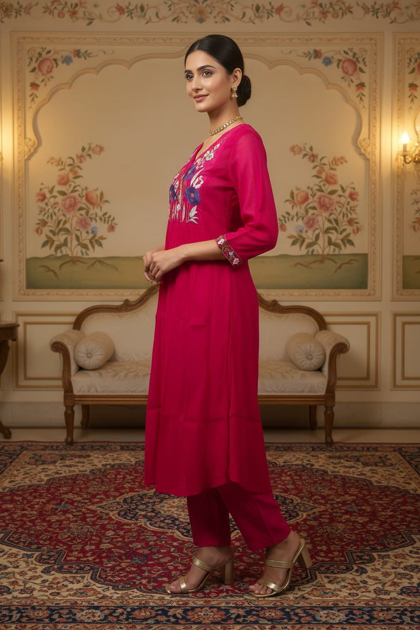 Women's V-Neck Flared Kurta Set with Floral Yoke Embroidery