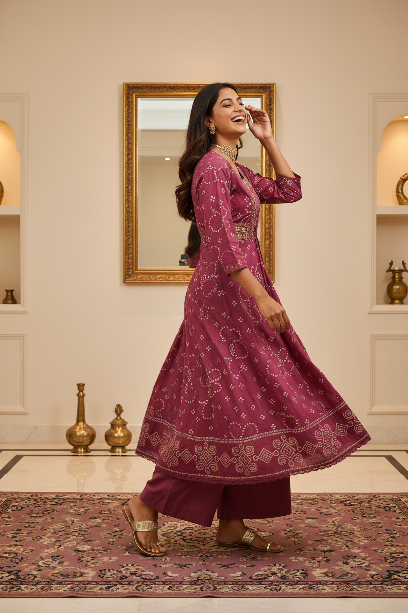 Women's Deep Wine Bandhani Print Anarkali Kurta with Zari Embroidery, Palazzo & Organza Dupatta