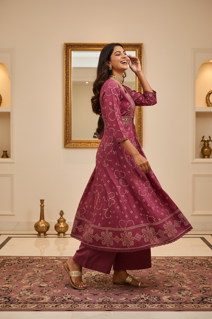 Women's Deep Wine Bandhani Print Anarkali Kurta with Zari Embroidery, Palazzo & Organza Dupatta