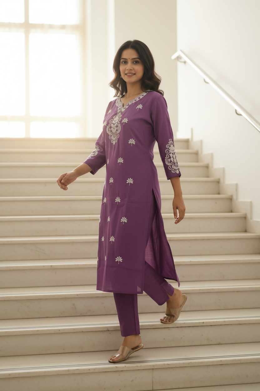 Women's Purple Embroidered Kurta Pant Set with Zari Dupatta