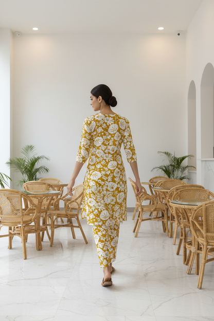 Women's Mustard Floral Block Print Kurta Co-ord Set