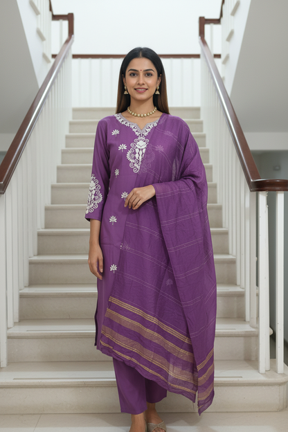 Women's Purple Embroidered Kurta Pant Set with Zari Dupatta