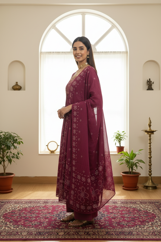 Women's Deep Wine Bandhani Print Anarkali Kurta with Zari Embroidery, Palazzo & Organza Dupatta