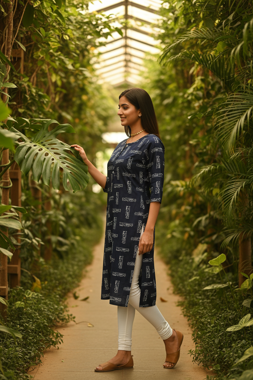Women's Navy Blue Abstract Block Print Straight Kurta