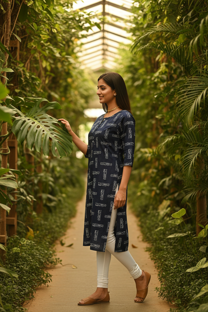 Women's Navy Blue Abstract Block Print Straight Kurta