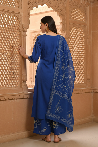 Women's Neel Bahar Royal Blue Kurta Palazzo Set with Printed Dupatta