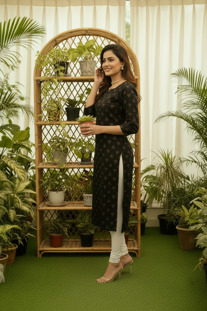Women's Black Geometric Triangle Print Straight Kurta