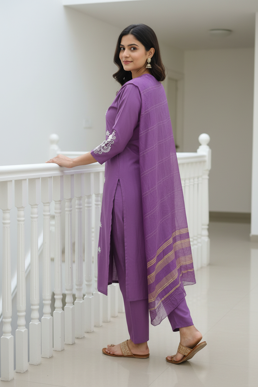 Women's Purple Embroidered Kurta Pant Set with Zari Dupatta