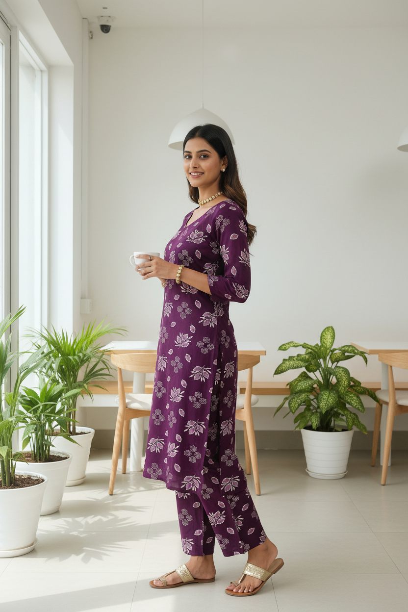 Women Deep Plum Floral Block Print Kurta Pant Set