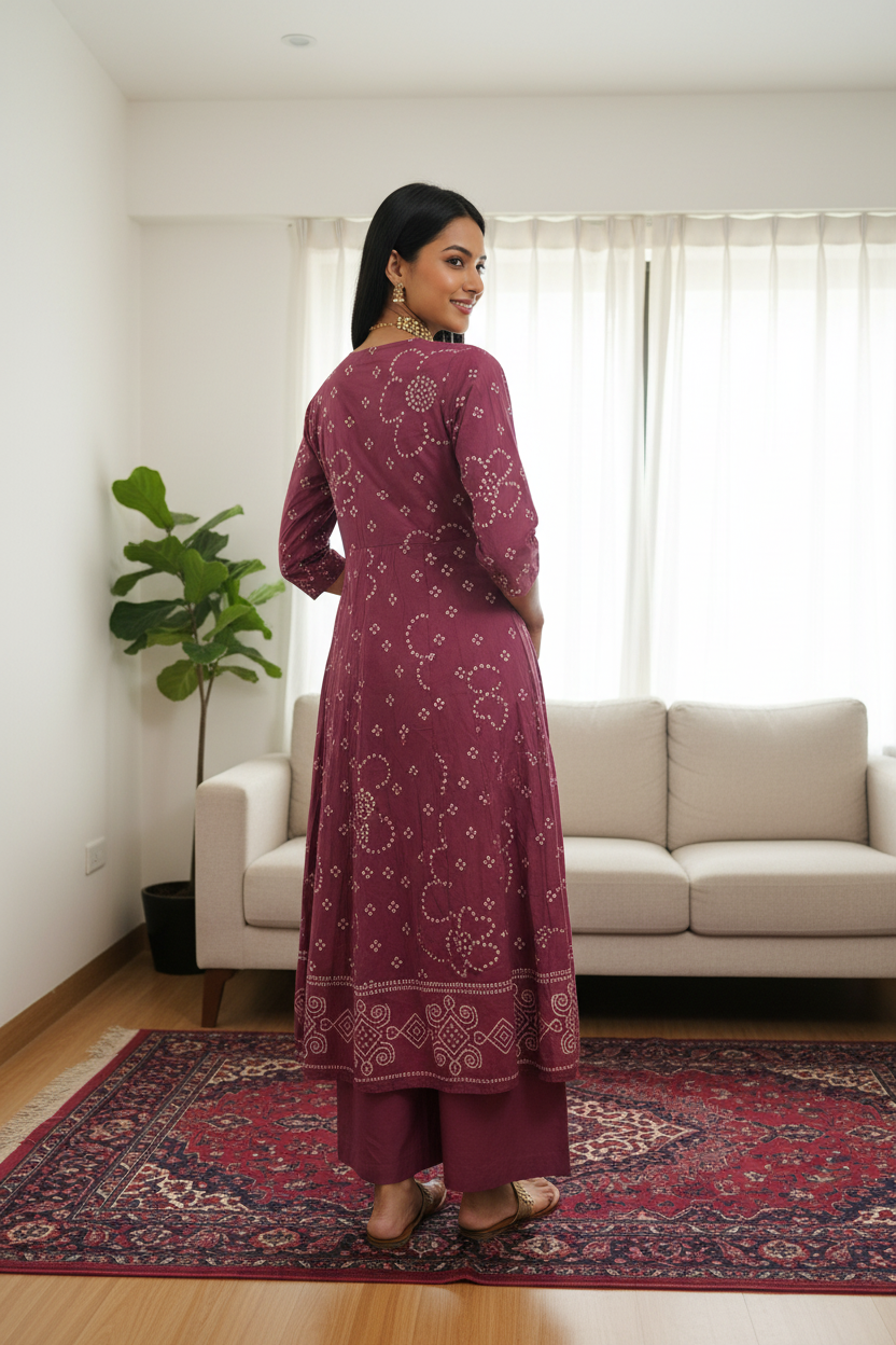 Women's Deep Wine Bandhani Print Anarkali Kurta with Zari Embroidery, Palazzo & Organza Dupatta