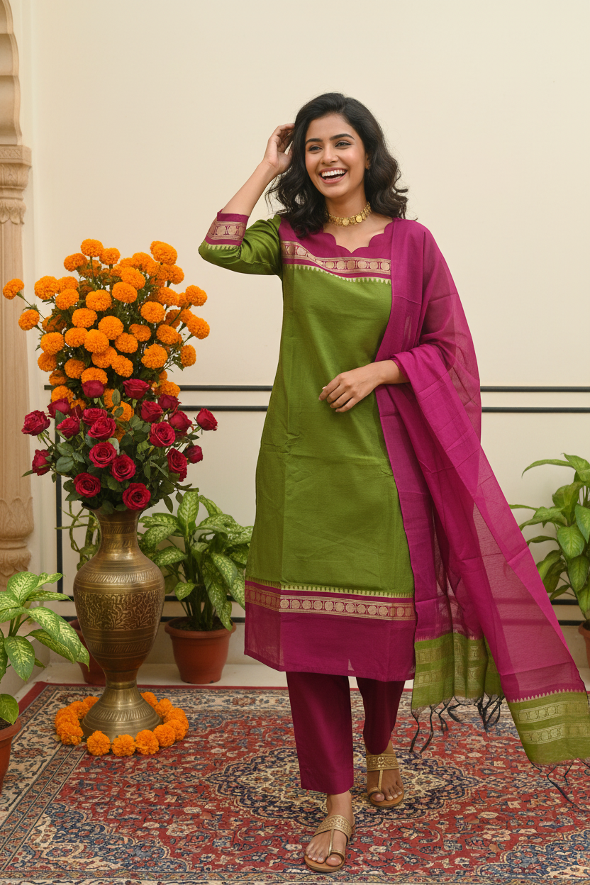 Women's Mehndi Green & Magenta Pure Cotton Kurta Set with Zari Border