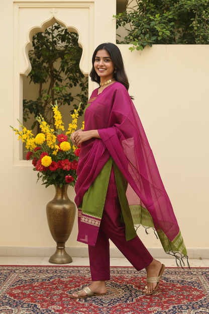 Women's Mehndi Green & Magenta Pure Cotton Kurta Set with Zari Border