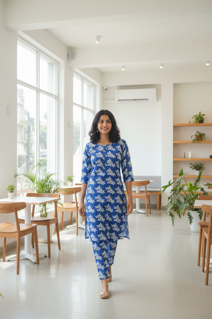 Women's Royal Blue Floral Print Kurta Co-ord Set