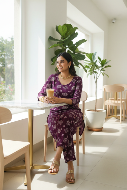 Women Deep Plum Floral Block Print Kurta Pant Set