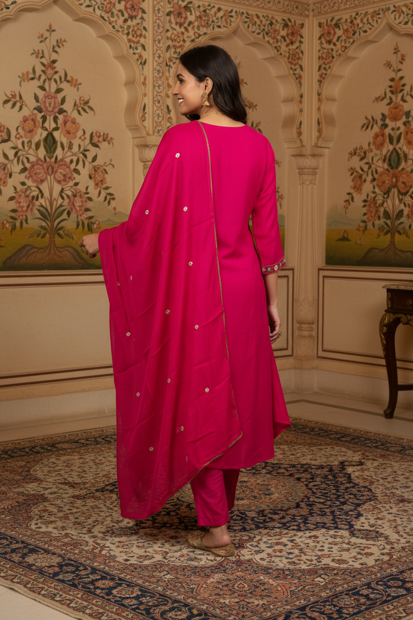 Women's V-Neck Flared Kurta Set with Floral Yoke Embroidery