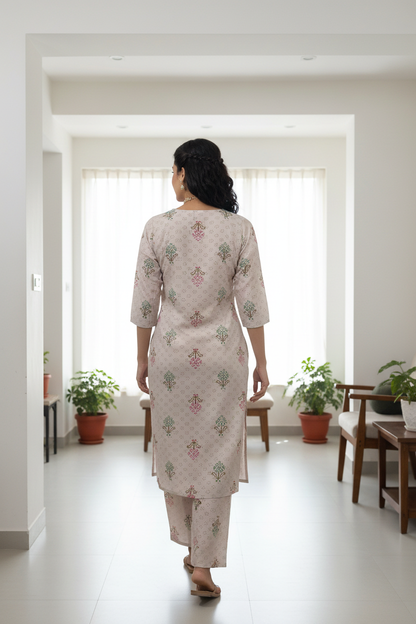 Women's Chikoo Printed Kurta Set with Embroidered Yoke