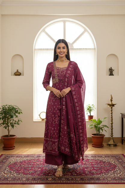 Women's Deep Wine Bandhani Print Anarkali Kurta with Zari Embroidery, Palazzo & Organza Dupatta