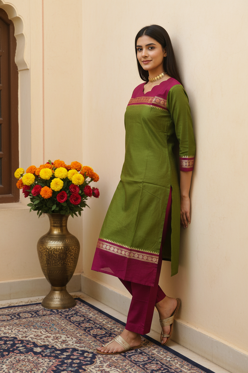 Women's Mehndi Green & Magenta Pure Cotton Kurta Set with Zari Border
