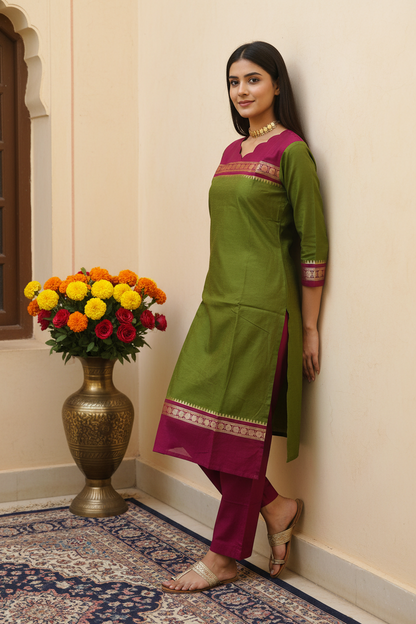 Women's Mehndi Green & Magenta Pure Cotton Kurta Set with Zari Border
