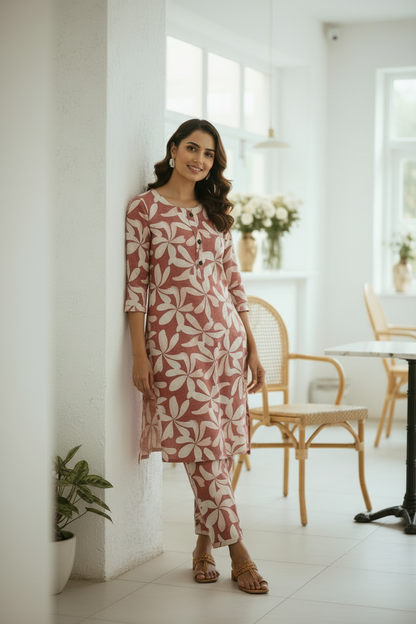 Women's Dusty Rose Pink Print Kurta Co-ord Set