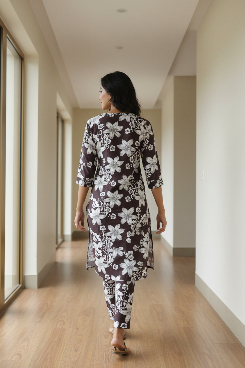 Women's Brown Floral Print Straight Kurta Pant Co-ord Set