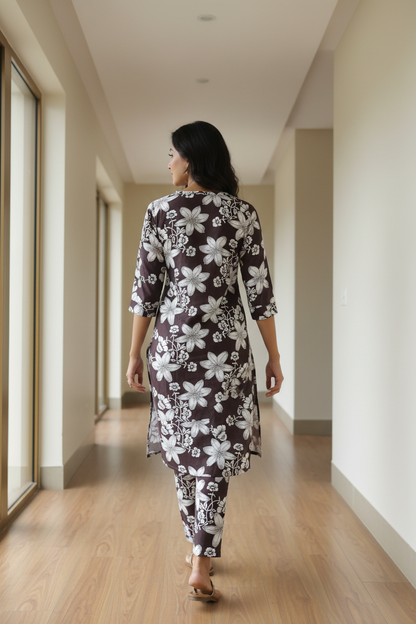 Women's Brown Floral Print Straight Kurta Pant Co-ord Set