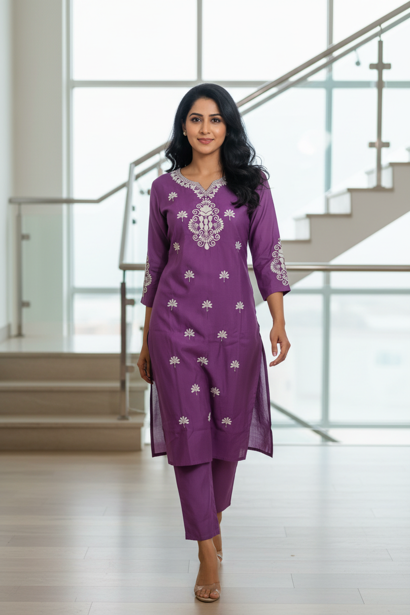 Women's Purple Embroidered Kurta Pant Set with Zari Dupatta