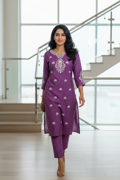 Women's Purple Embroidered Kurta Pant Set with Zari Dupatta