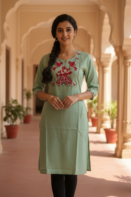 Sage Green Bird Motif Kurta - Front View