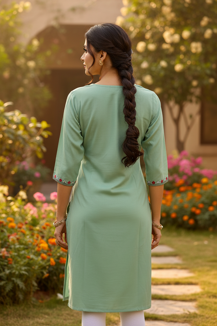 Sage Green Kurta with White Leggings - Back View