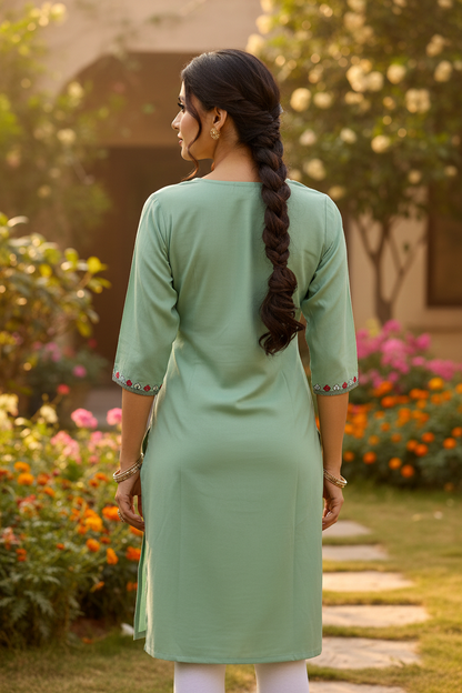 Sage Green Kurta with White Leggings - Back View