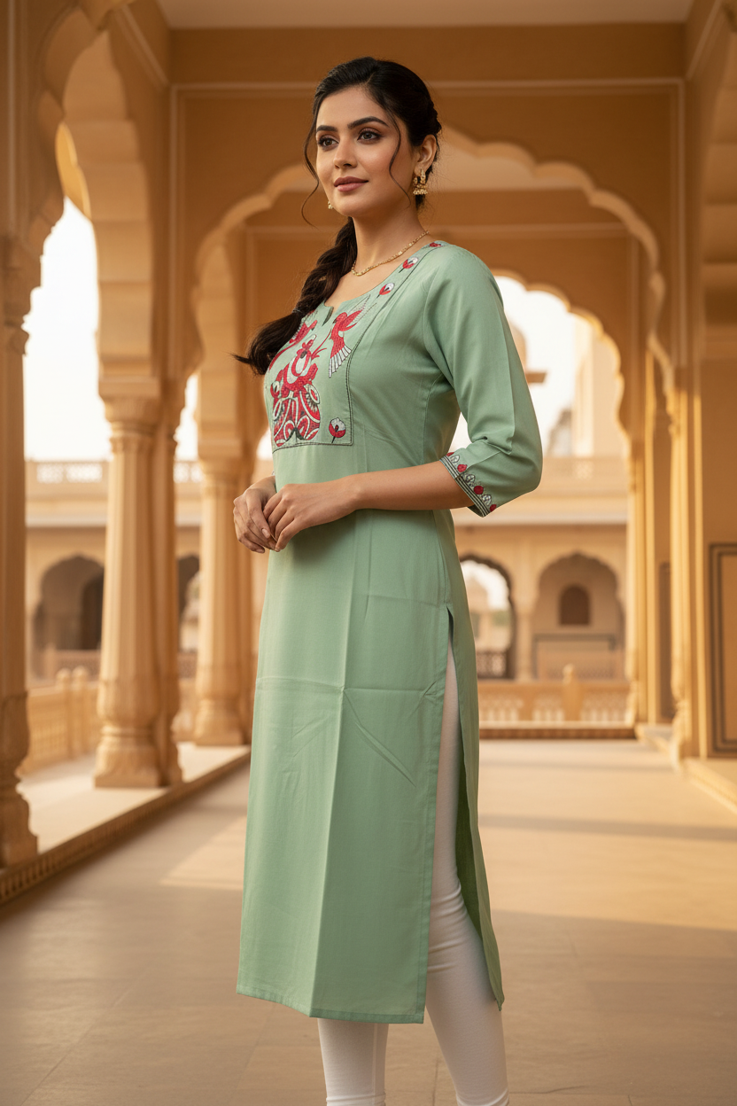 Sage Green Kurta with White Leggings - Side View