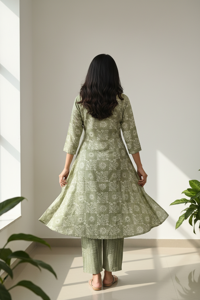 Sage Paisley A-Line Kurta Set – Back View